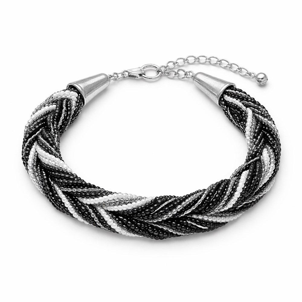 Black White Silver Gray Braided Seed Bead Statement Necklace Bracelet Set Cones - Picture 3 of 12